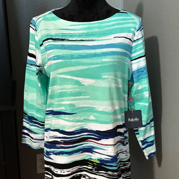 Rafaella‎ Blouse L Abstract Green Blue 3/4 Sleeve Casual Coastal Beachy Chic NWT - Picture 2 of 8
